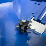 A blue Chapin ice melt spreader with a powder-coated steel frame and pneumatic tires, designed for broadcast application. Impeller detail
