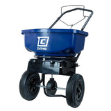 A blue Chapin ice melt spreader with a powder-coated steel frame and pneumatic tires, designed for broadcast application.