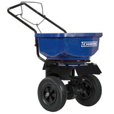 A blue Chapin ice melt spreader with a powder-coated steel frame and pneumatic tires, designed for broadcast application.